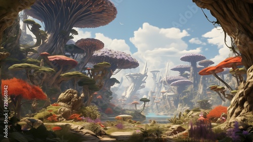 an image of a fairy land with strange looking mushrooms