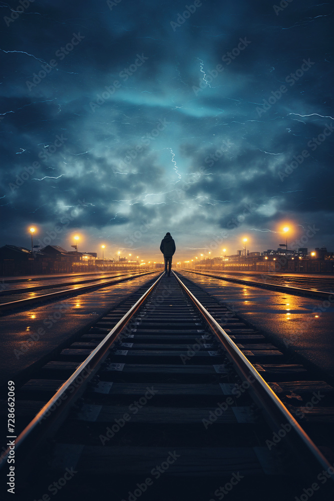 Mysterious figure stands alone on a railroad track at night, illuminated by a distant light.