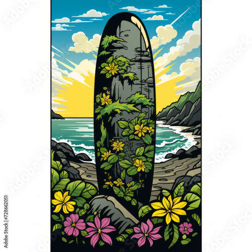 tropical illustration of a surfboard on a beach 