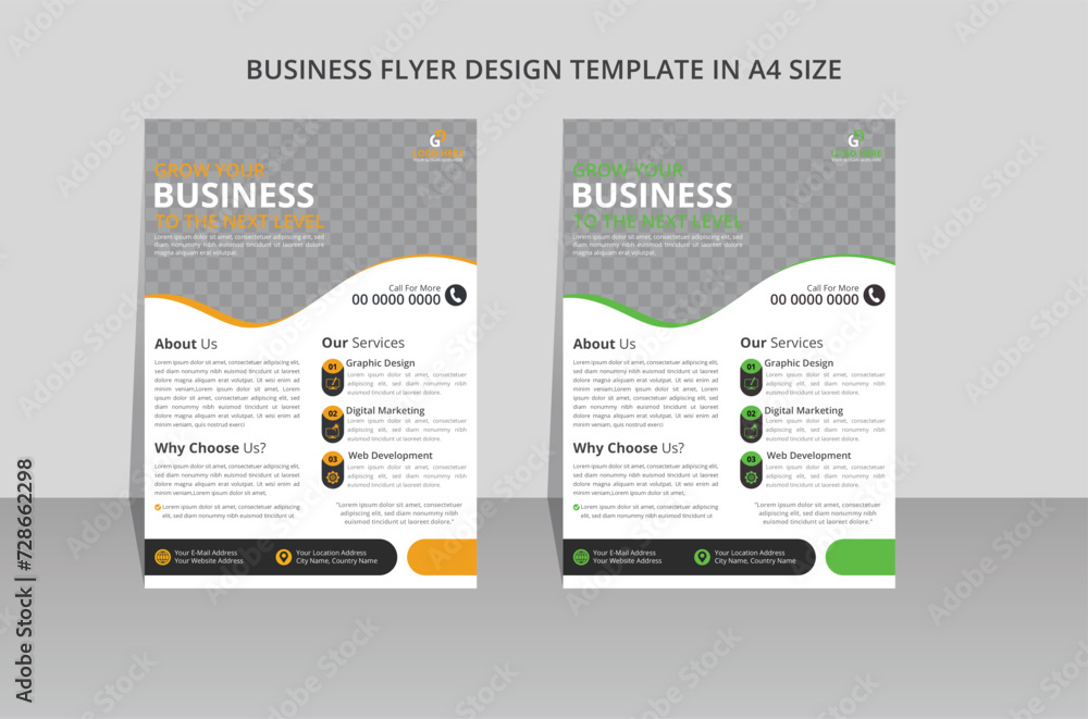 modern creative business flyer design template with trend 2 colors. Double A4 size flyer and brochure design layout idea. vector illustration unique design navy black, green and brand yellow orange.