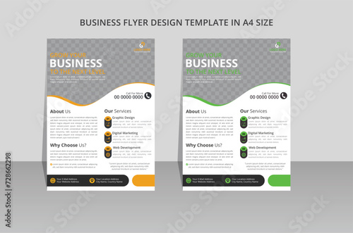 modern creative business flyer design template with trend 2 colors. Double A4 size flyer and brochure design layout idea. vector illustration unique design navy black, green and brand yellow orange.