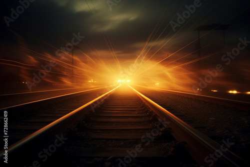 A striking image featuring railroad tracks leading into a vibrant sunset with a dynamic, illuminated sky.