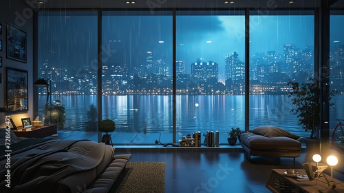 Luxury one-bedroom apartment with large floor-to-ceiling windows overlooking a rainy city at night, a lake in front of buildings