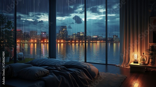 Luxury one-bedroom apartment with large floor-to-ceiling windows overlooking a rainy city at night, a lake in front of buildings © Zahid