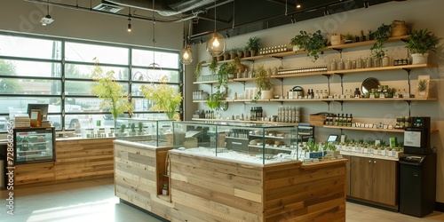 Empty interior of a modern cannabis or medical marijuana dispensary facility. Filled displays and counters with product photo