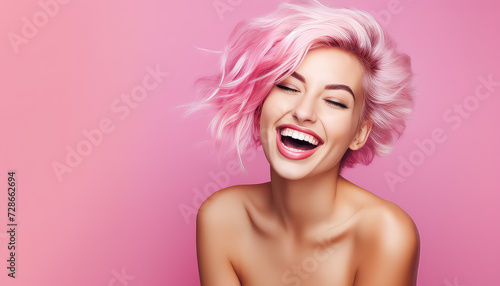 Portrait of a girl with pink hair, breast cancer on a uniform background.
