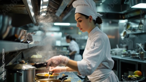 Professional Chef Preparing Gourmet Dish in Busy Kitchen