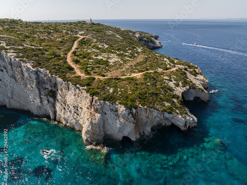 Blue caves in zakynthos, Greece. Potamitis Dive Spot, Zakynthos, greece. Skinari View Point. Blue Caves located near Cape Skinnari. Aerial drone view Turquoise ionian sea in greek island. photo