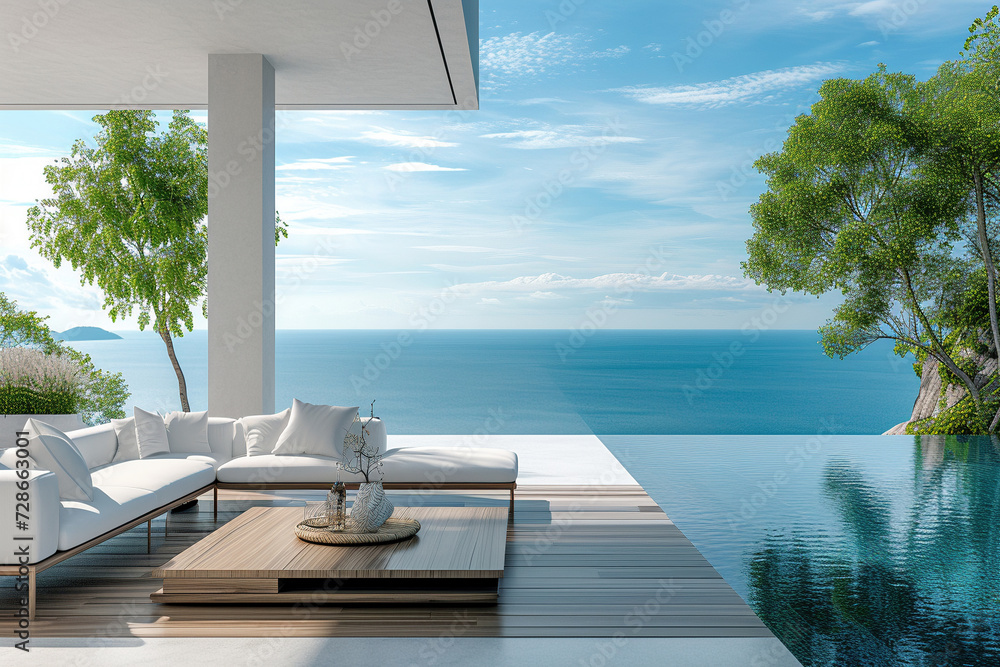 Modern beachfront villa with comfortable outdoor lounge area overlooking an infinity pool and the sea. - obrazy, fototapety, plakaty 