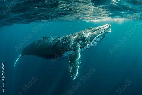 A large whale swimming above the surface of the water.