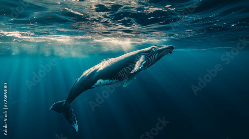 A large whale swimming above the surface of the water. © Gun