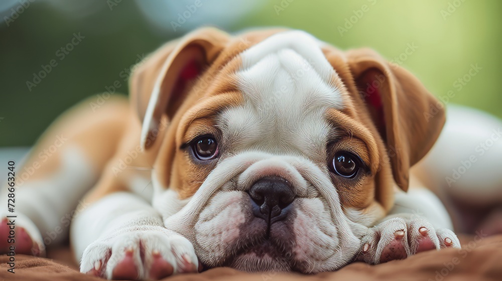 Adorable Bulldog Puppy Resting on Comfortable Surface