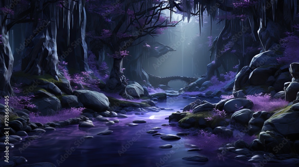 an artistic image of a dark forest full of purple rocks