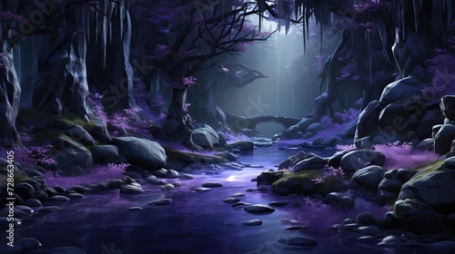 an artistic image of a dark forest full of purple rocks