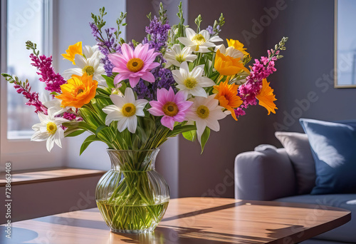 Wallpaper Mural A bouquet of spring flowers in a vase on a table in the living room in the morning sun. Stylish apartment interior with blooming flowers, Torontodigital.ca