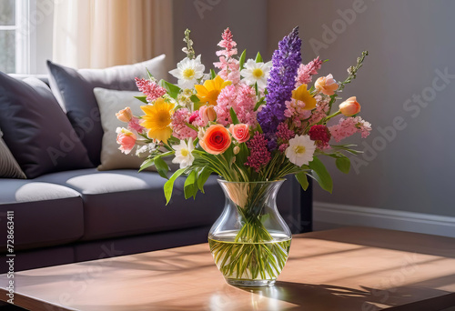 Wallpaper Mural A bouquet of spring flowers in a vase on a table in the living room in the morning sun. Stylish apartment interior with blooming flowers, Torontodigital.ca