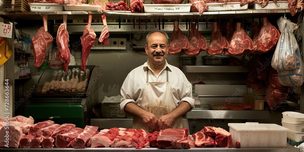 Butcher standing in butcher shop with fresh meats everywhere