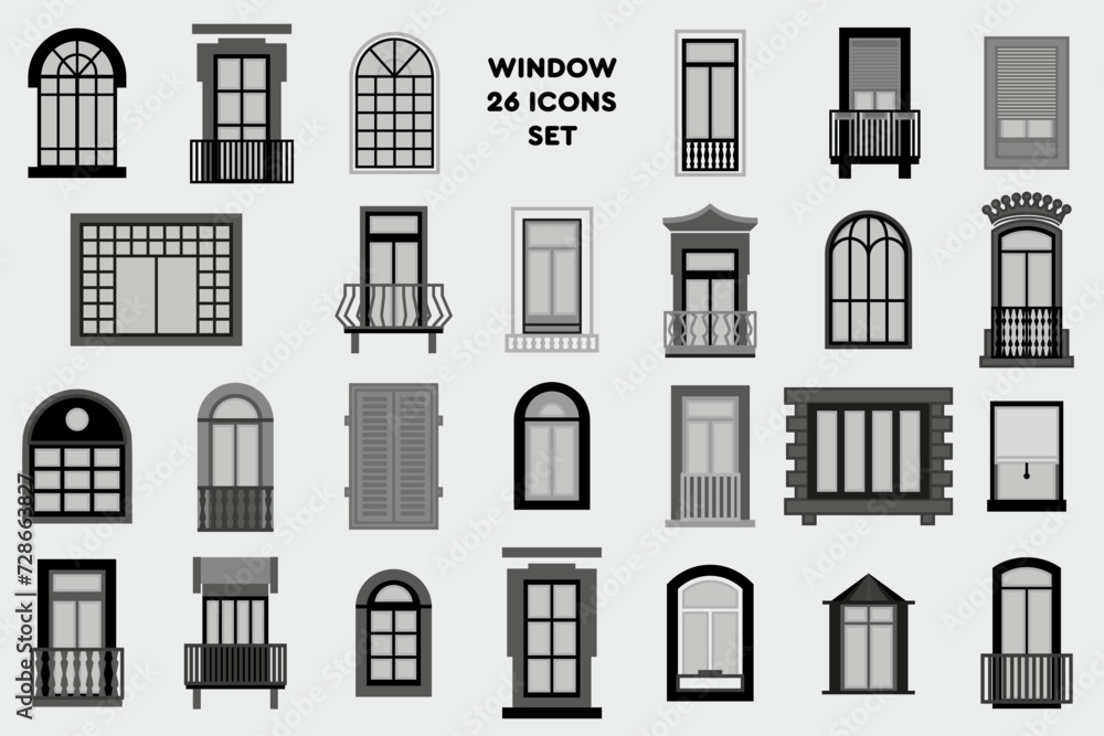 Window icon set, symbol in outline flat style, architectural classic. Vector illustrations set with different silhouettes of window frames. Window icon set, symbol in outline flat style, architectural classic. Vector illustrations set with different silhouettes of window frames.