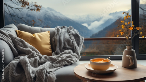 Wide closeup travel banner photo of view from a luxury hotel bedroom window, cozy couch with pillows and coffee cup on a tray, misty mountain range landscape outside in a cold day morning photo