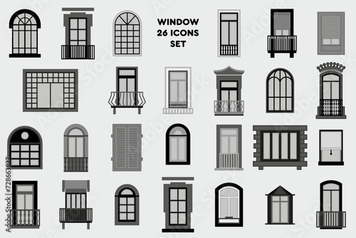 Window icon set, symbol in outline flat style, architectural classic. Vector illustrations set with different silhouettes of window frames.