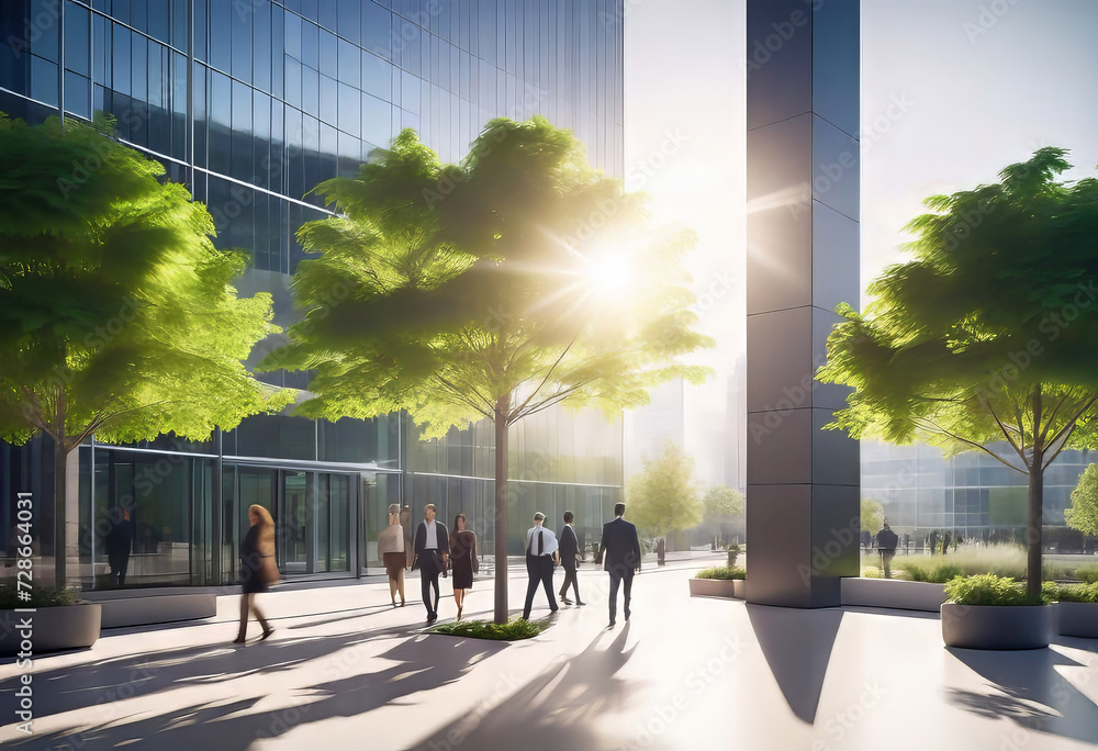 Background of a large office and people walking in a modern office building with green trees and sunlight, eco friendly and environmentally responsible business concept image with copy space,