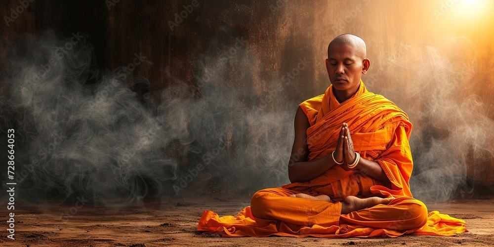 Buddhist monk in orange robes meditating in prayer for zenlike peace