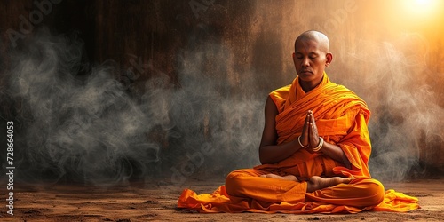 Buddhist monk in orange robes meditating in prayer for zenlike peace photo
