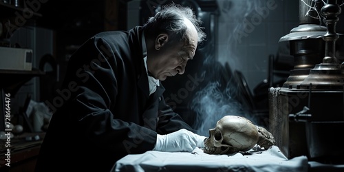 mortician old man courting death with a human skull photo