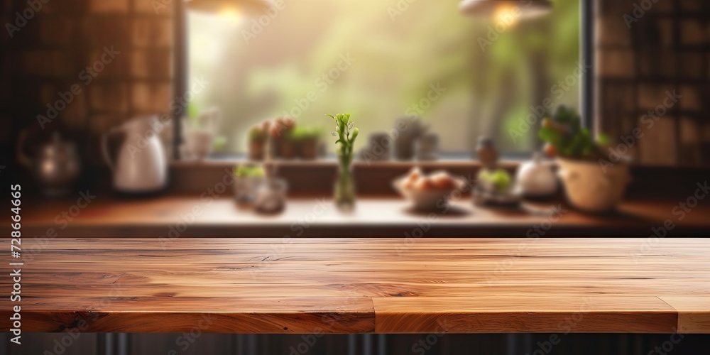 Empty wooden desk with blurred kitchen background for decorating in home interior. Empty wooden desk with blurred kitchen background for decorating in home interior.