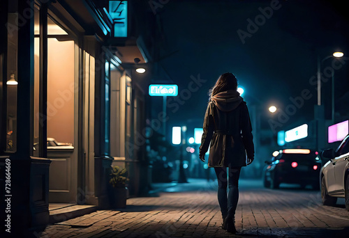 Silhouette of a young woman walking home one night through the city streets, scared by a stalker and being attacked, insecurity concept, photo
