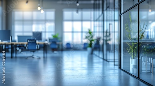 Sophisticated Office panorama with Reflective Glass Surfaces and Blurred Background