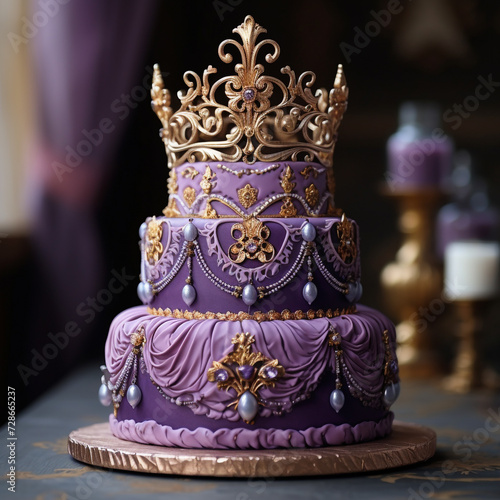 a beautiful 3 layers cake with a purple crown