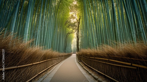 winding stone road. The Stunning Pathway of Arashiyama Bamboo Grove in Kyoto, Japan, known for its stunning bamboo forest. 