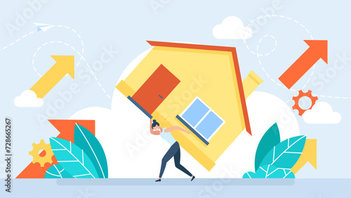 Woman paying bills monthly house expense. Woman with payment schedule pay money for interest rate, fees, principal and financial bills by month period. Debt, loan, house rent. Vector illustration