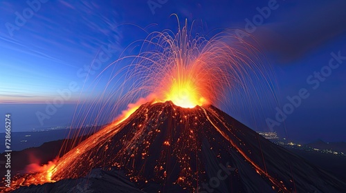 A mesmerizing blend of fire and smoke as the volcano erupts, casting an ominous shadow over the surrounding terrain.