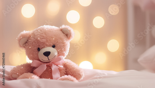 Pink toy bear by the child's bed world cancer day concept