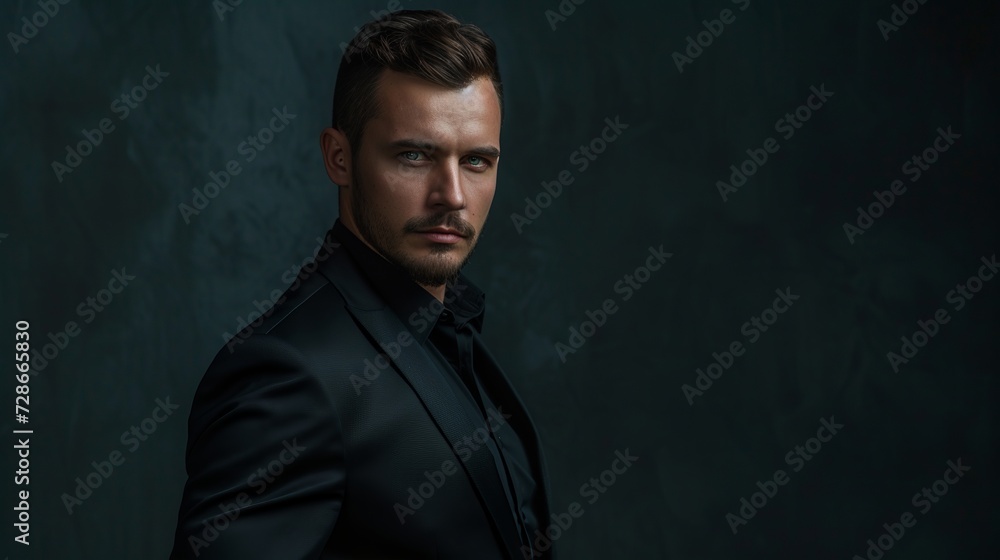 Very beautiful man, brutal, model, 30 years old, in black official suit, Looks straight