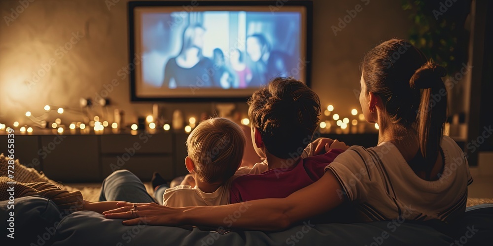 Family movie night with the kids and parents watching a movie on TV together