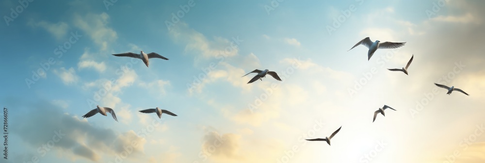 Fototapeta premium A flock of five birds are flying in the sky, wide light, 2d illustration,
