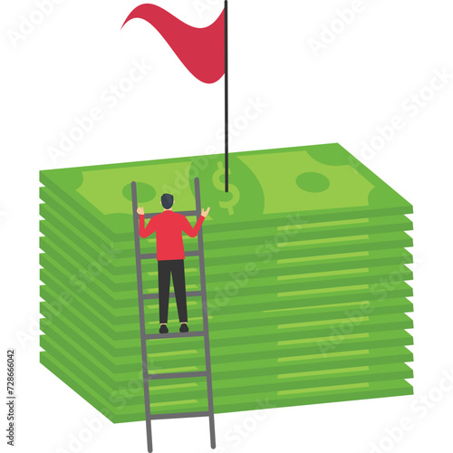 Profit points. financial goals. long term, short term and medium term goals. Revenue growth or business, organization, company. A businessman climbs a ladder to get a flag on a tall pile of coins.