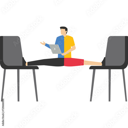 let employees manage their working time to complete project concept, flexible working, smart relaxed businessman working with laptop computer stretching his legs between chairs balancing like yoga.