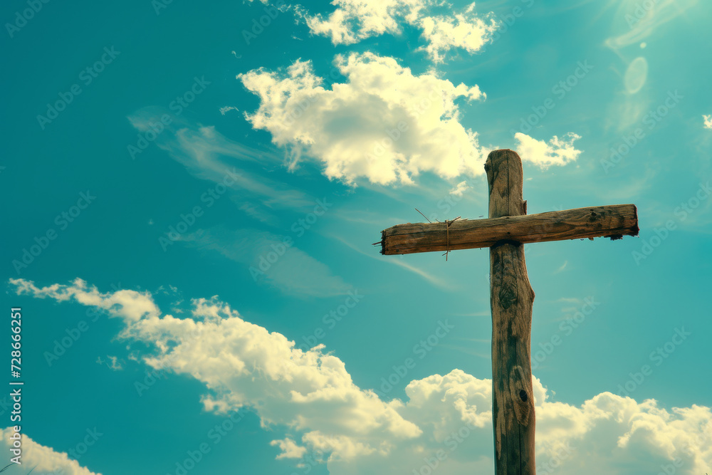 Wooden Cross of Christ Beneath Detailed Sky Wooden Cross of Christ Beneath Detailed Sky