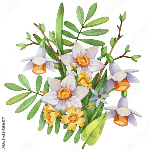 Watercolor illustration spring bouquet with daffodils, yellow flowers, and green twigs. Background for postcards, decor, and textiles.