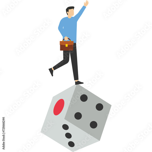 Investment risk, possible loss of money or profit from investment concept, stock trader, gambling, uncertainty, greedy intrepid investor trying to balance himself by rolling the unstable dice.