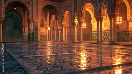A quiet Ramadan courtyard at a historic mosque, with intricate tiles, an empty podium awaiting evening reflections, and the soft glow of traditional lanterns. © AQ Arts