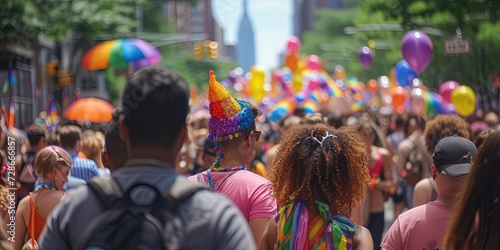 Pride parade with rainbow flags to celebrate the lgbtqia community photo