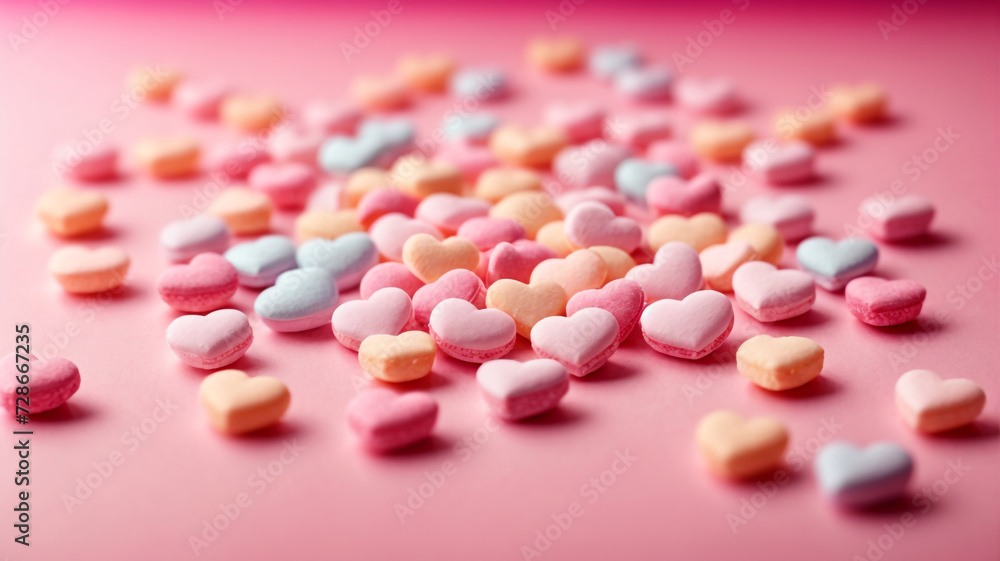 Sweet Romance: Pastel-Colored Candy Hearts on Pink Paper - Flat Lay


