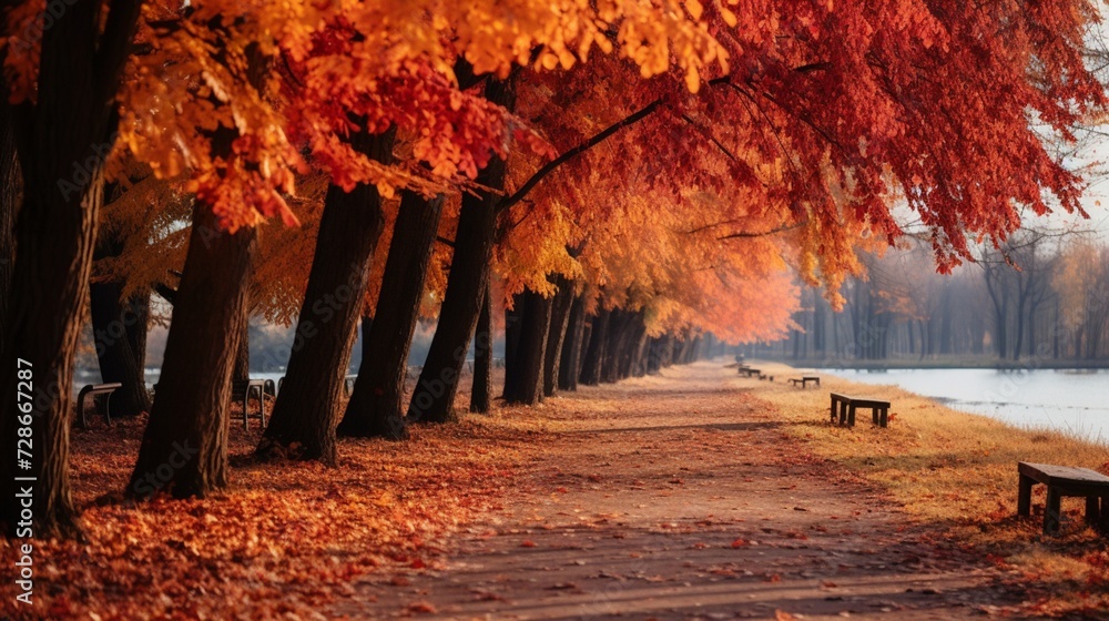 Beautiful yellow red and orange leaves in an autumn park on a br  - obrazy, fototapety, plakaty 