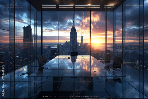A sleek, modern boardroom with glass walls offers a panoramic view of a city skyline bathed in the warm hues of sunset..