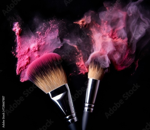 Pink powder explosion on a black background with a makeup brush